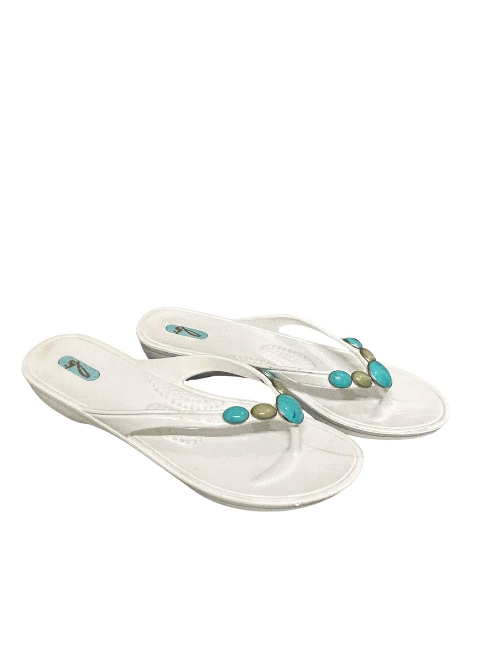 Oka-B Stone Embellished Flip Flop Sandals White Turquoise Size L (10-11)